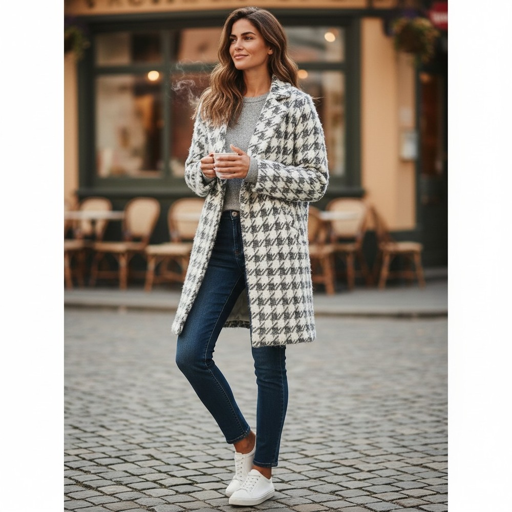 Melloday Women's SMALL Gray-Black White Houndstooth Eyelash Knit Cardigan Coat